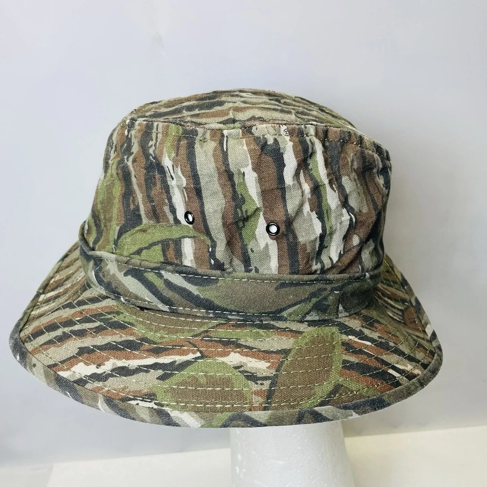 VINTAGE 80s 90s Real‎ tree Camo Boonie Bucket Hat Hunting Outdoors Size S